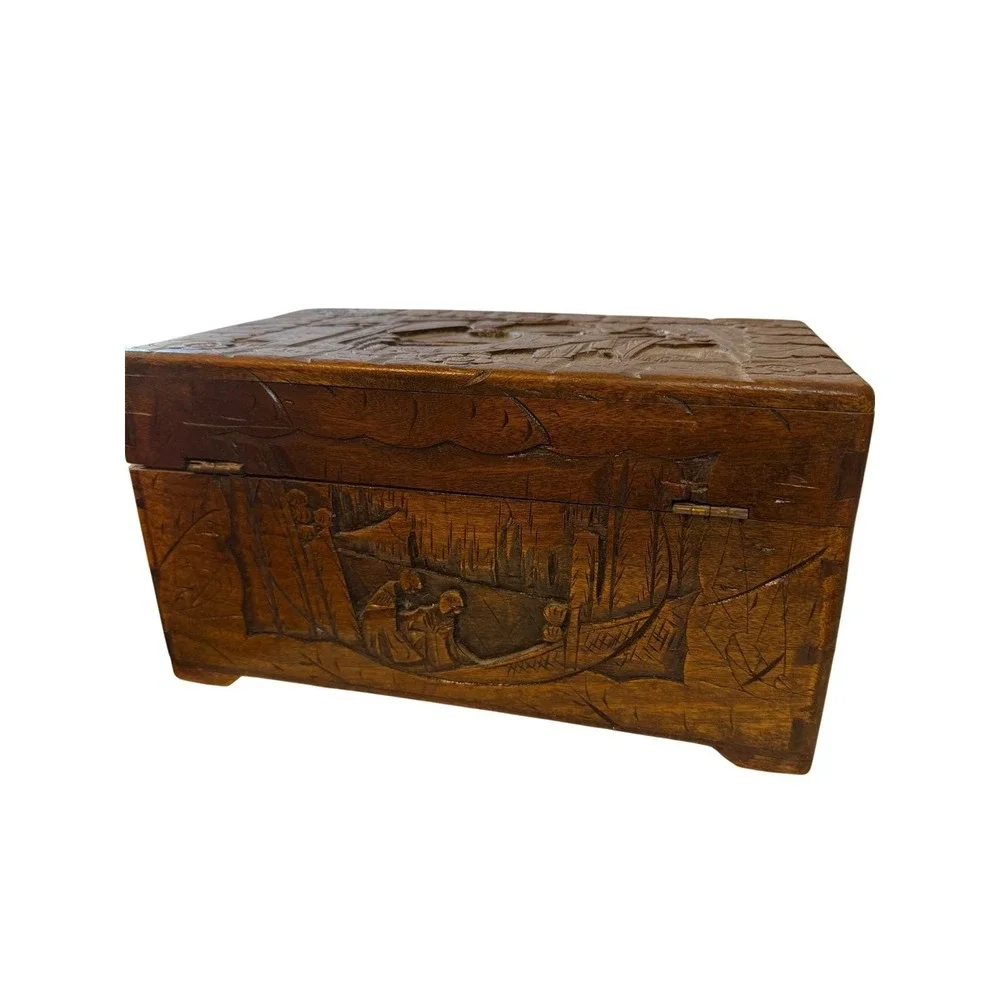 Vintage Hand Carved Camphor Wood Jewelry Box Asian Village Scene Brass Latch 12